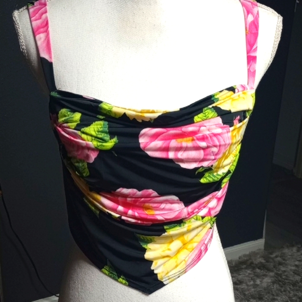 AFRM Pink and Yellow Ruched Bustier Tank Top